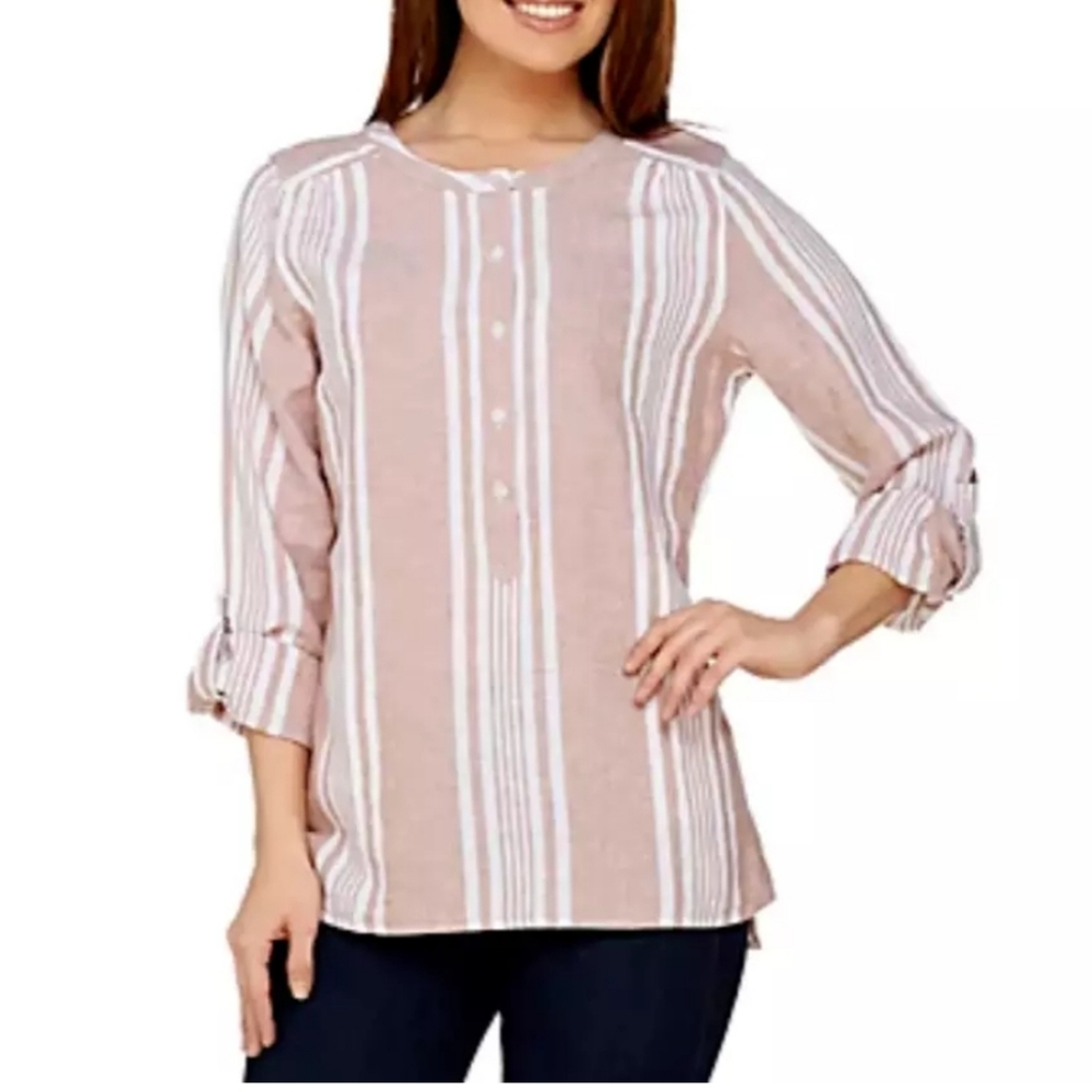 DENIM & CO Linen Blend Striped Blouse L Boho Tunic Top